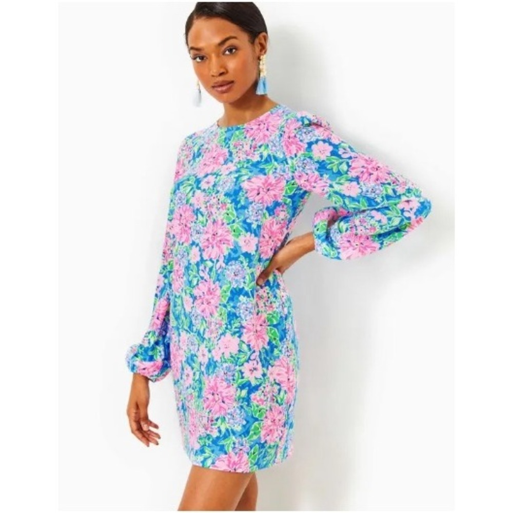 Lilly Pulitzer Alyna Puff Sleeve Dress Floral Shift Blue Pink Mini Tropical 10